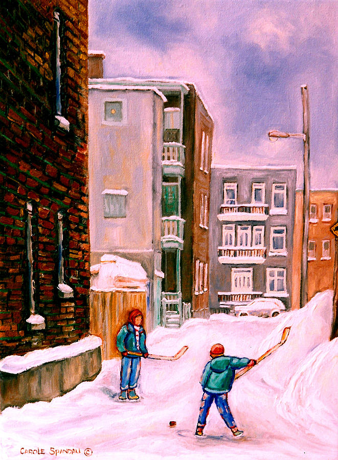 Street Hockey In Laneway Montreal City Scenes Painting by Carole Spandau