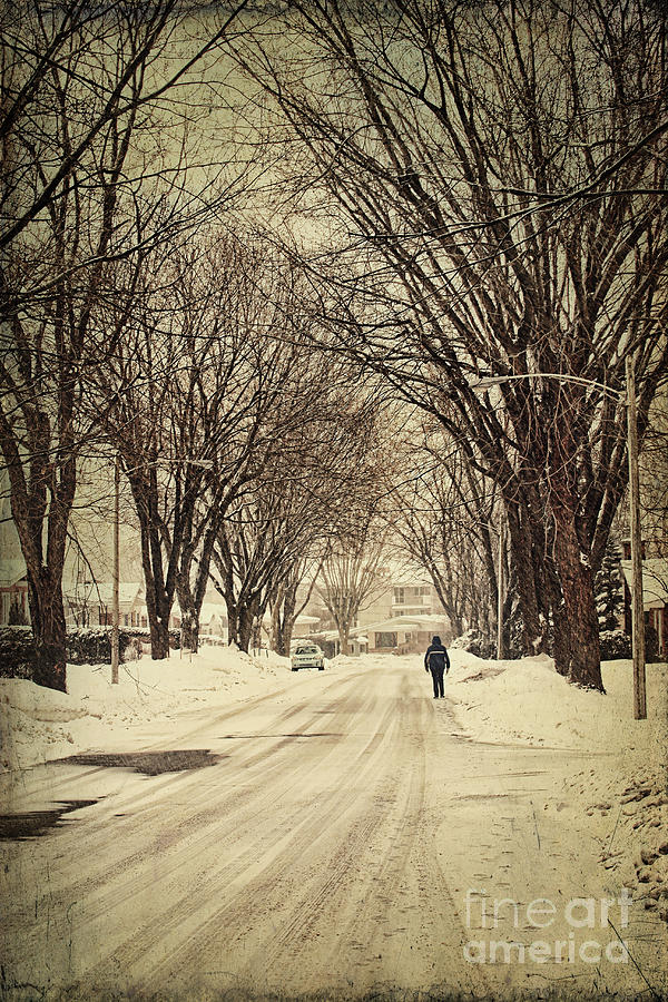 Street in winter with person walking Photograph by Sandra Cunningham