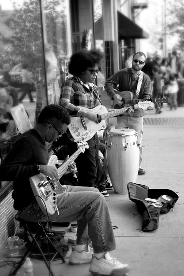 Black And White Photograph - Street Musicians  by Gray  Artus