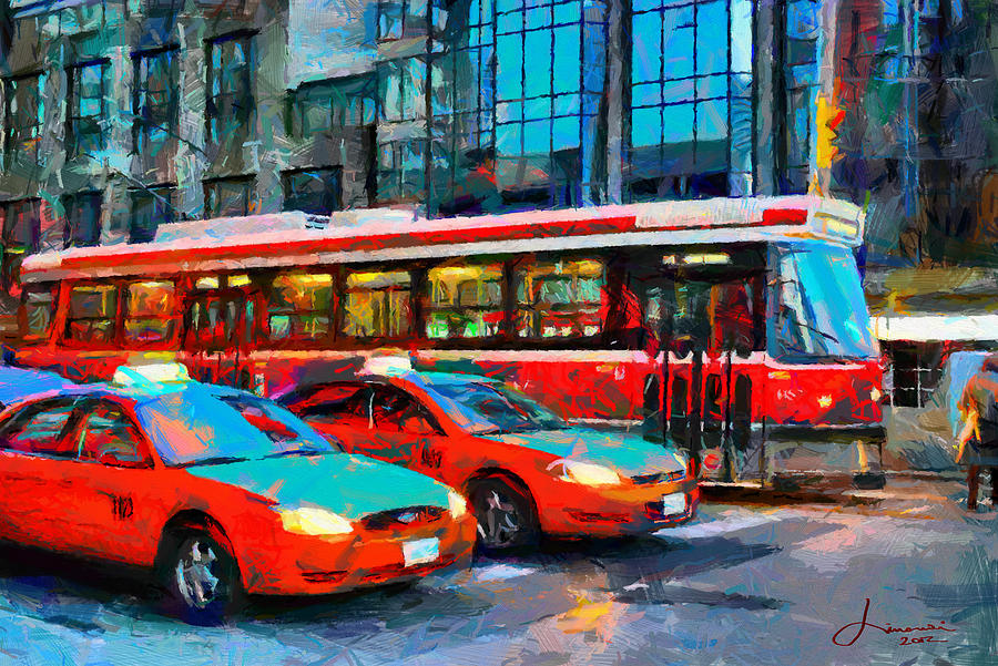 Downtown Toronto Digital Art - Streetcar and Taxi Cabs in Downtown Toronto by Vincent DiNovici