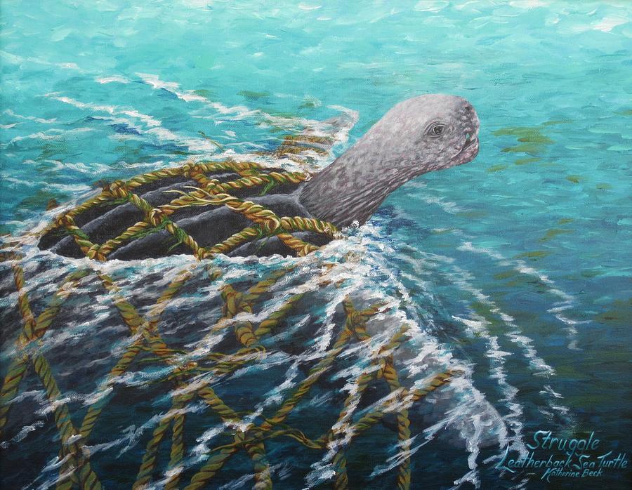 Struggle -Leatherback Sea Turtle Painting by Katherine Young-Beck