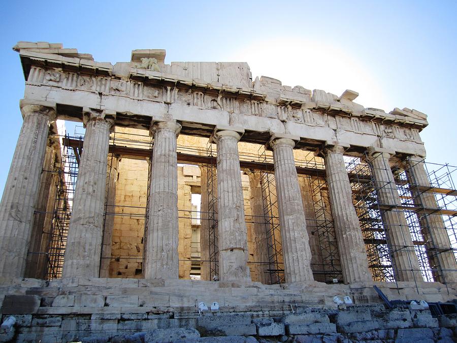 Stunning Acropolis Parthenon Architectural Pillars with Sun Rising and Blue Sky in Athens Greece Photograph by John Shiron
