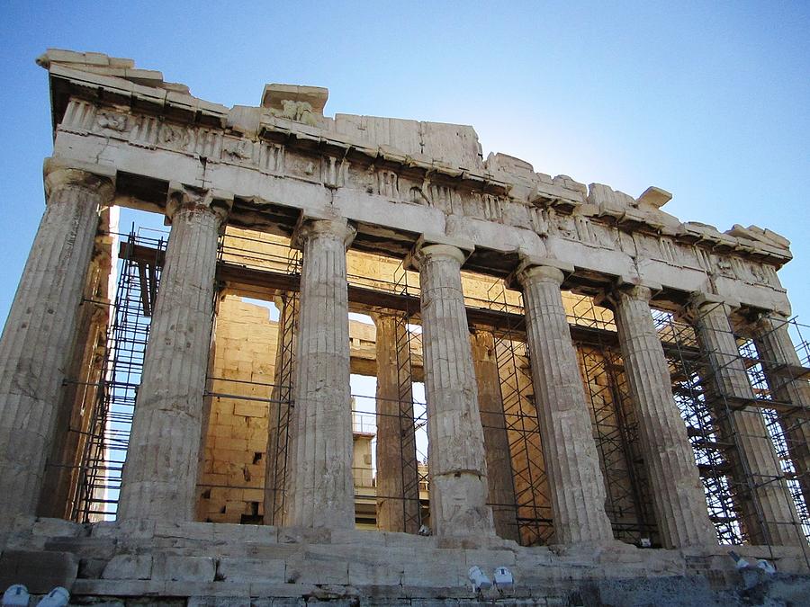 Stunning Acropolis Parthenon Architectural Pillars with Sun Rising II and Blue Sky in Athens Greece Photograph by John Shiron