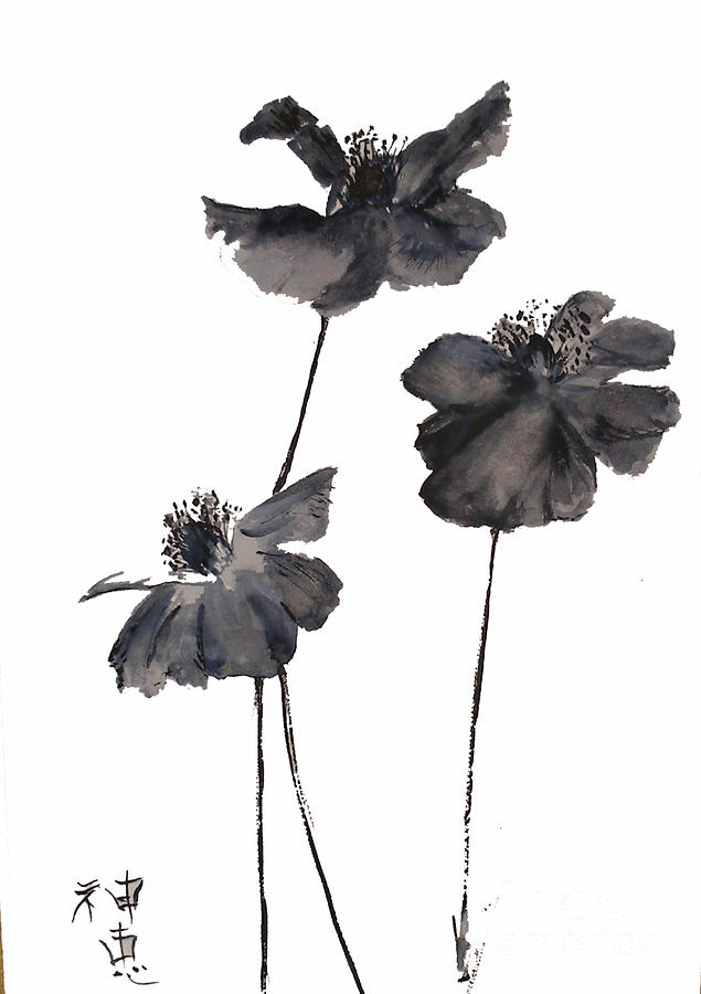 Sumi e Poppies Painting by Sibby S