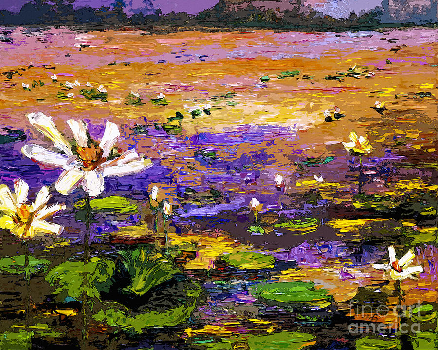 Summer Lotus Pond Impressionist Mixed Media Art Painting by Ginette Callaway