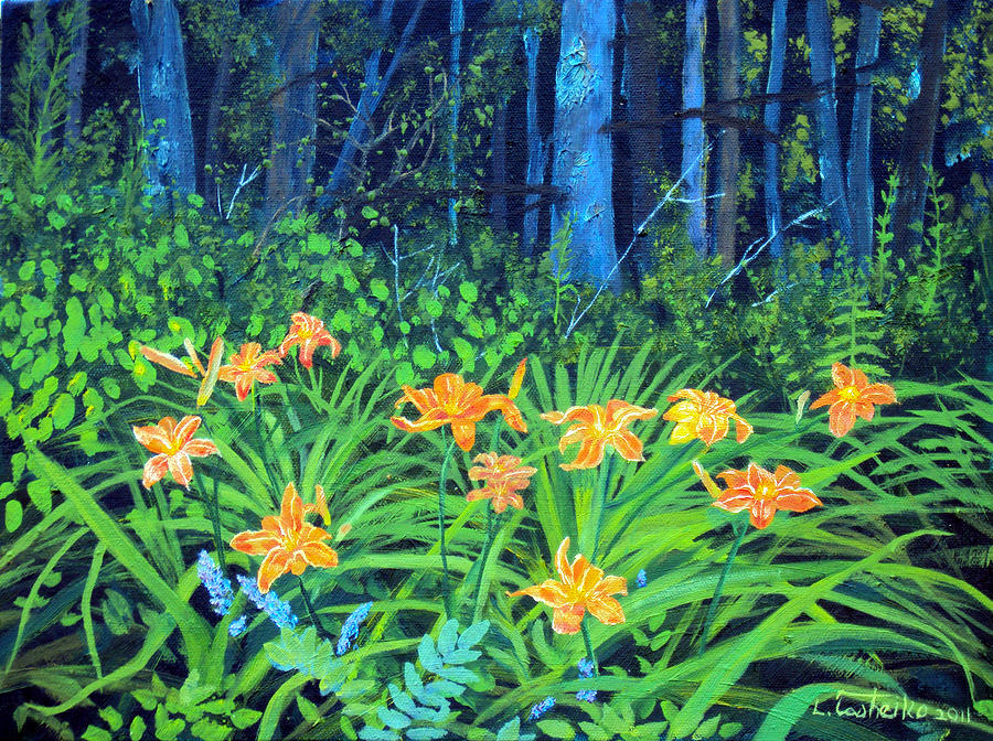 Nature Painting - Summer Woods Daylilies by Laura Tasheiko