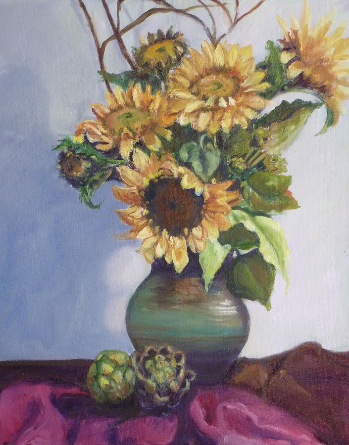 Sunflowers  and Artichokes Painting by Gloria Smith