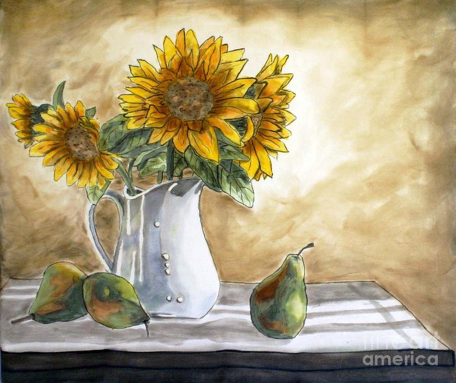 Sunflower Painting - Sunflowers and Pears by Linda Marcille