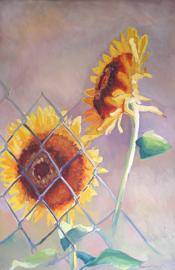 Sunflowers Fenced Painting by Suzanne Giuriati Cerny