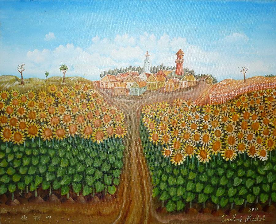 Landscape Painting - Sunflowers field by Michal Povolny