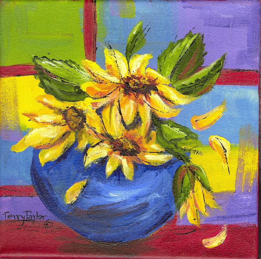 Sunflowers in a Blue Bowl Painting by Terry Taylor