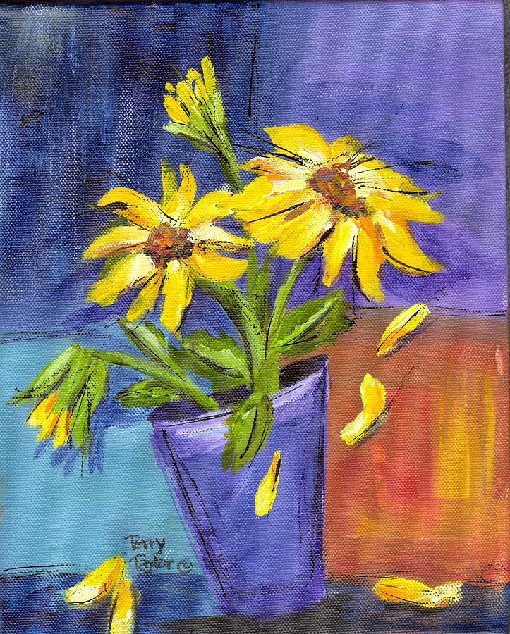 Sunflowers in a Blue Pot Painting by Terry Taylor
