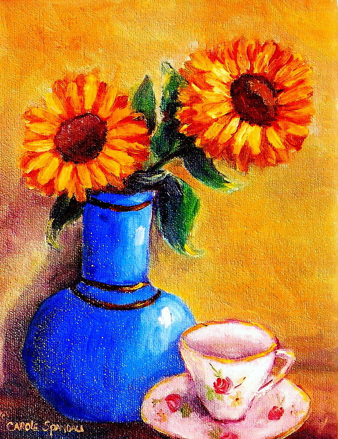 Sunflowers In A Blue Vase With Teacup Painting by Carole Spandau