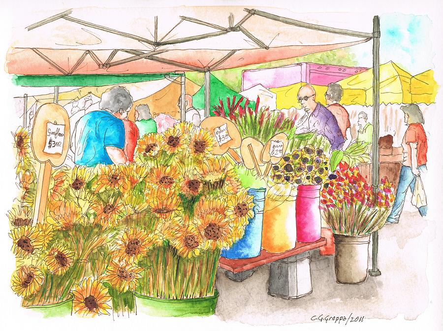 Beverly Hills Painting - Sunflowers in a farmers market in Beverly Hills, California by Carlos G Groppa