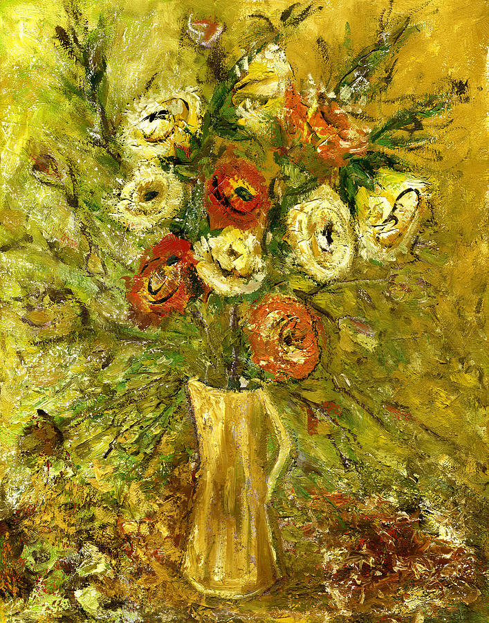 Flower Painting - Sunny Flowers in yellow vase by Rachel Hershkovitz