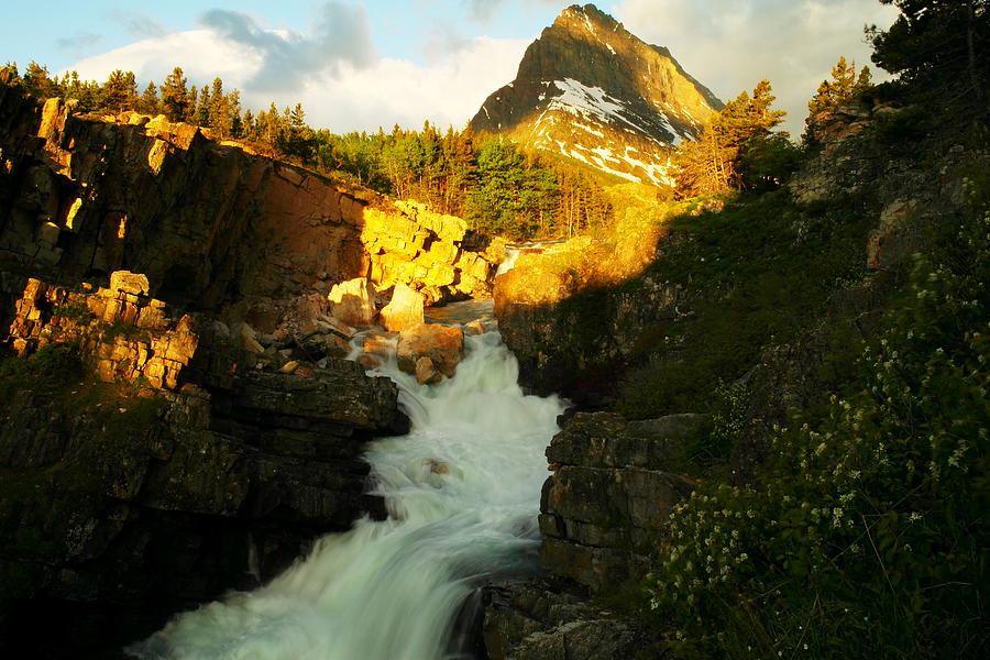 Mountain Photograph - Sunrise On A Waterfall At Glacier  by Jeff Swan