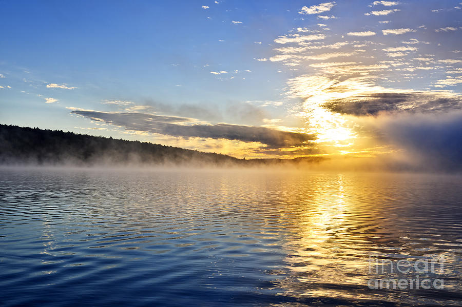 Sunrise on foggy lake Photograph by Elena Elisseeva