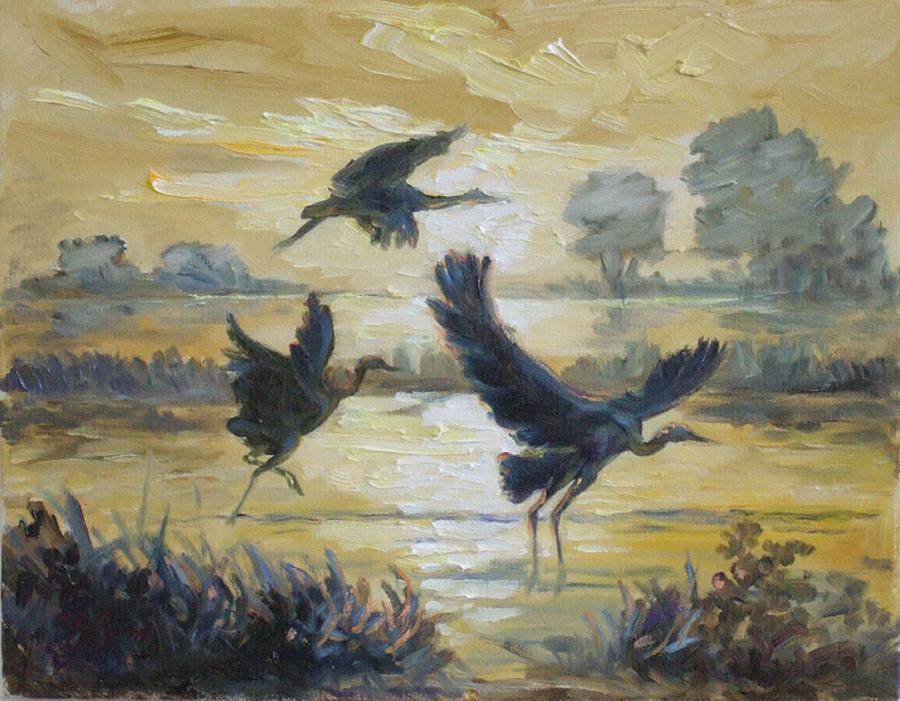 Sunrise with cranes Painting by Irek Szelag