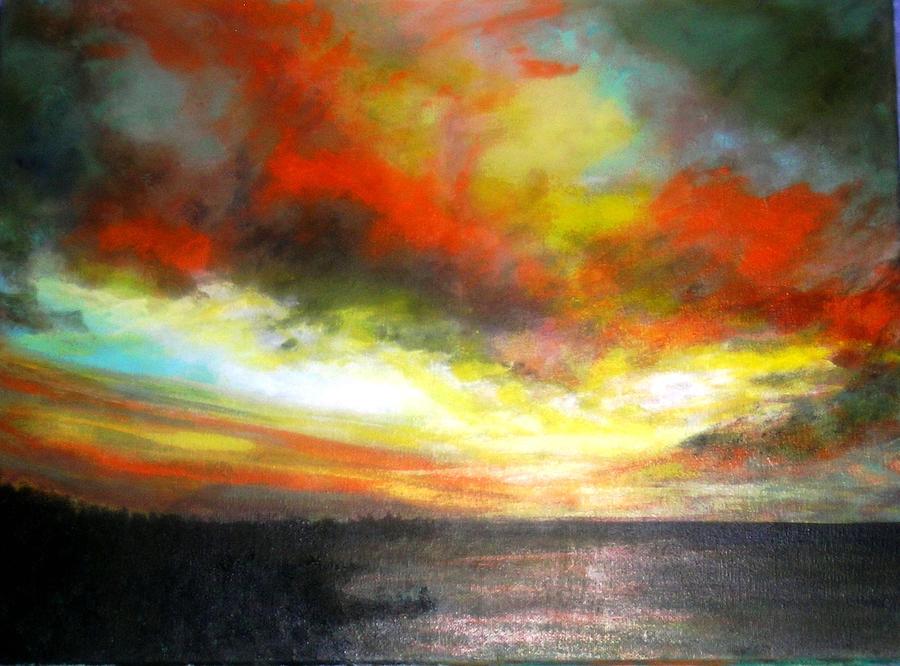 Sunset at the end of the summer Painting by Marie-Line Vasseur