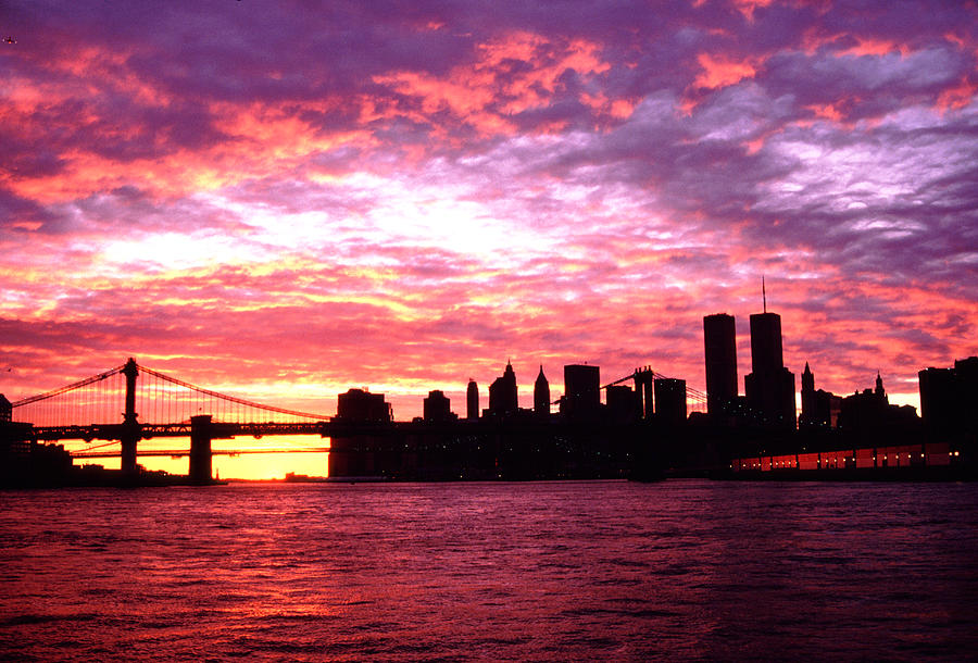 Sunset Lower Manhattan Skyline with Bridges, Pre Sept 11. Photograph by Tom Wurl