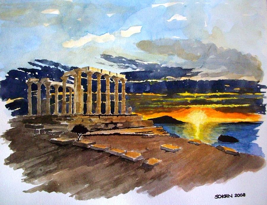 Temple Painting - sunset on Poseidon temple by Samir Sokhn