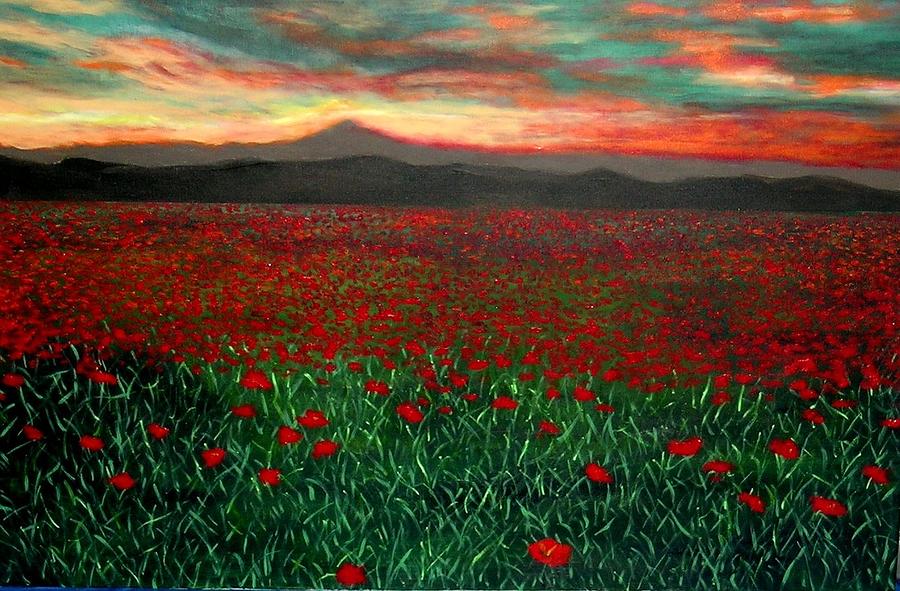 Sunset over poppies field Painting by Marie-Line Vasseur