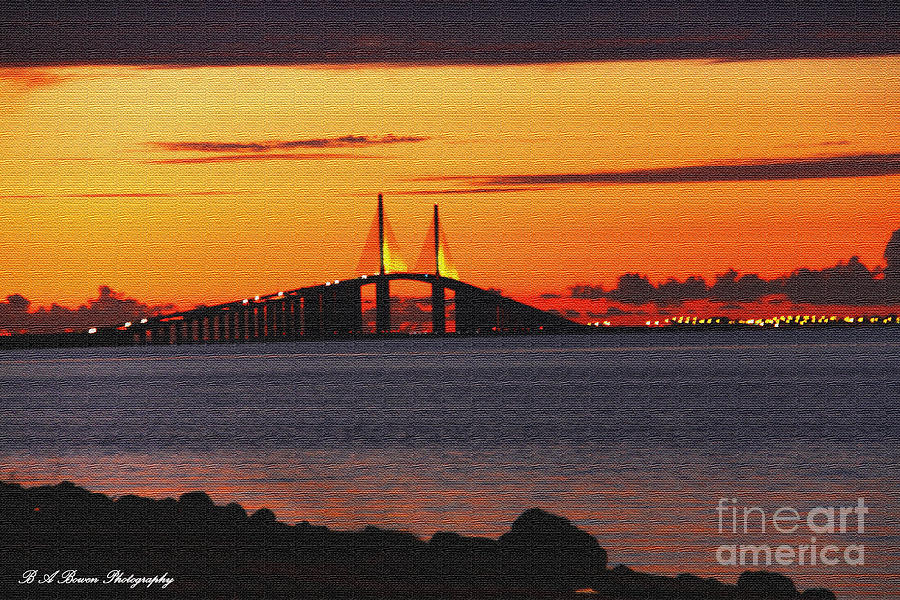 Sunset over the Skyway textured Photograph by Barbara Bowen