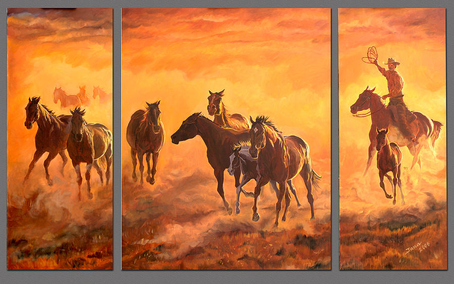 Wild Horses Painting - Sunset Run Triptych by Jana Goode