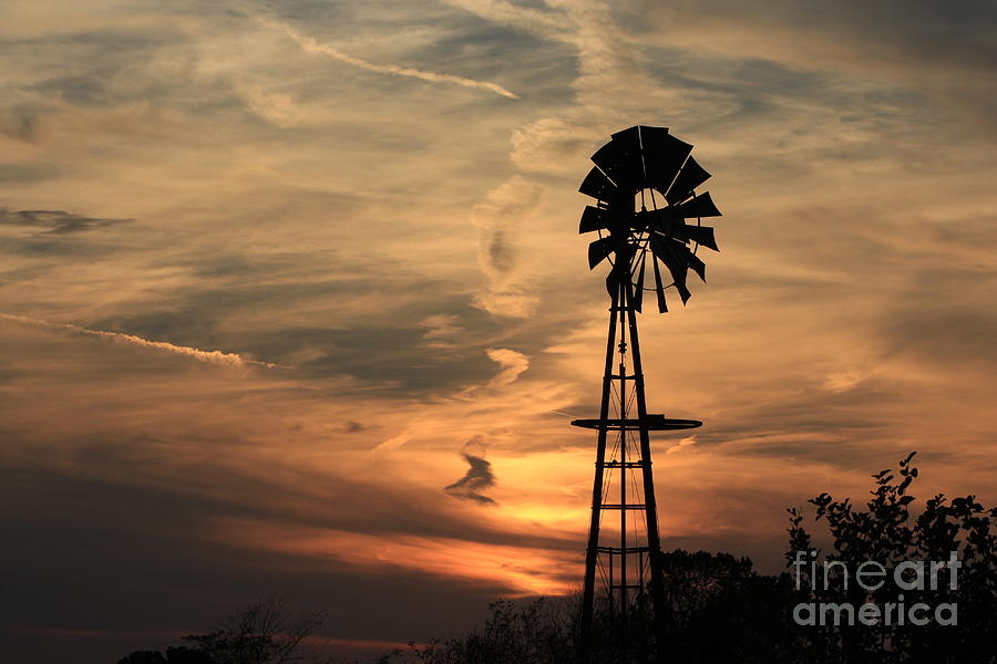 Sunset Sky With Windmill Silhouette Photograph