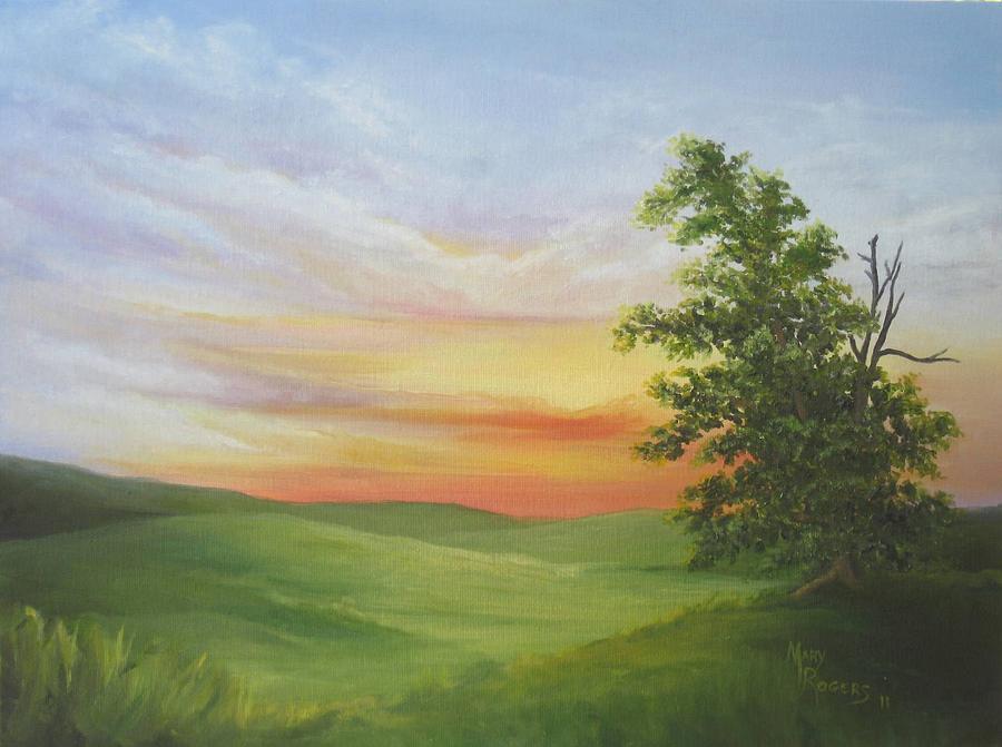 Landscape Painting - Sunset with a Tree by Mary Rogers