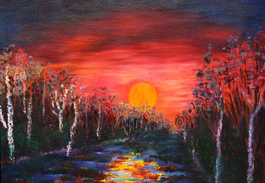 Sunset with Birch Trees Painting by Karin Eisermann
