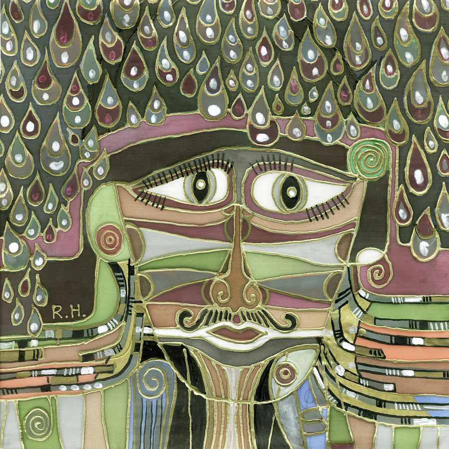 Surrealism Painting - Surprize Drops surrealistic green brown face with  liquid drops large eyes mustache  by Rachel Hershkovitz