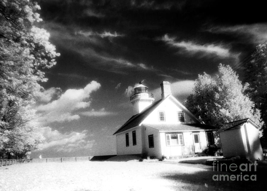Mission Point Photograph - Surreal Black White Infrared Black Sky Lighthouse - Traverse City Michigan Mission Point Lighthouse by Kathy Fornal
