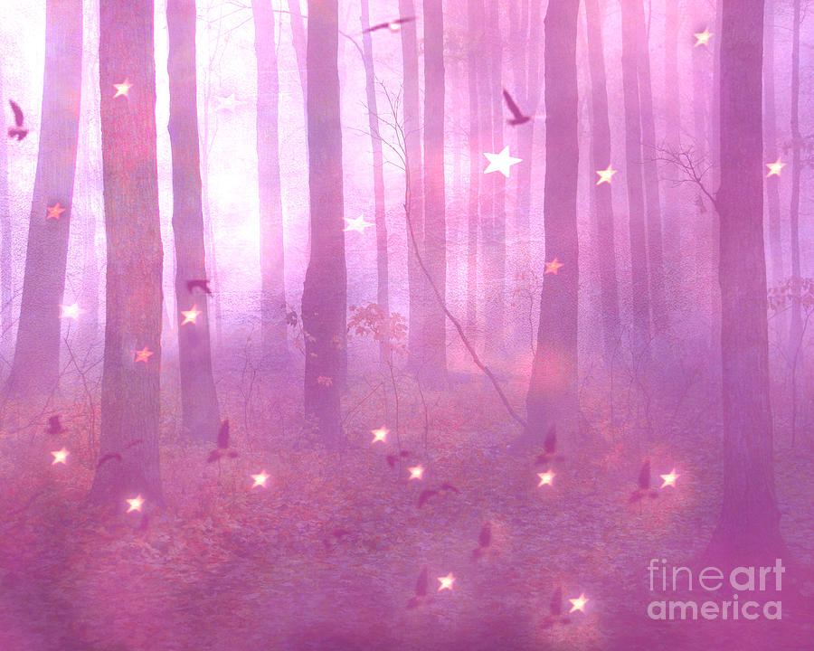 Surreal Fantasy Dreamy Pink Starlit Woodlands Photograph by Kathy Fornal