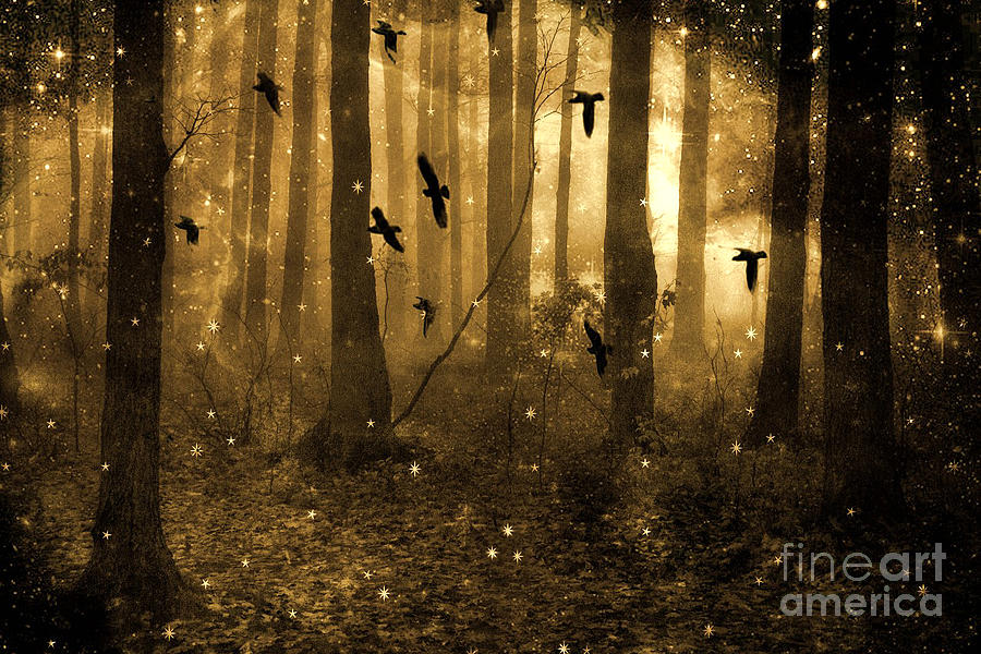 Surreal Fantasy Ravens Crows Sepia Woodlands With Stars Photograph by Kathy Fornal