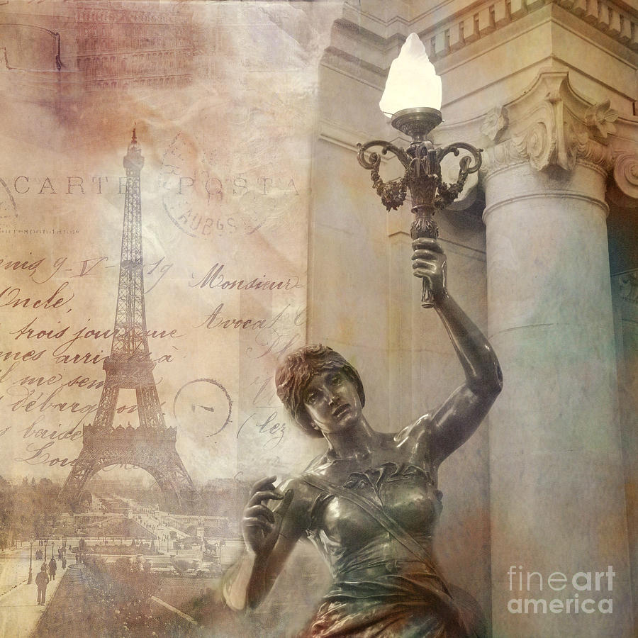 Paris Eiffel Tower Surreal Art Deco With Female Statue Street Lantern Montage  Photograph by Kathy Fornal