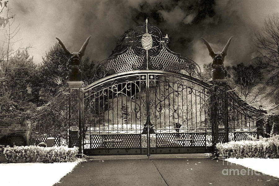 Surreal Gothic Gate Black Gargoyles Stormy Haunted Sepia Nightscape Photograph by Kathy Fornal
