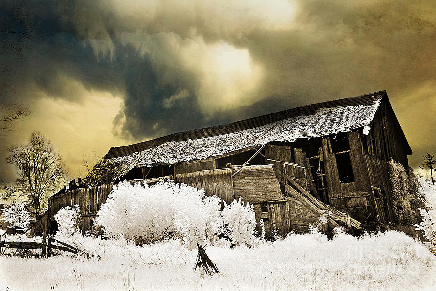 Surreal Infrared Barn Scene With Stormy Sky Photograph by Kathy Fornal