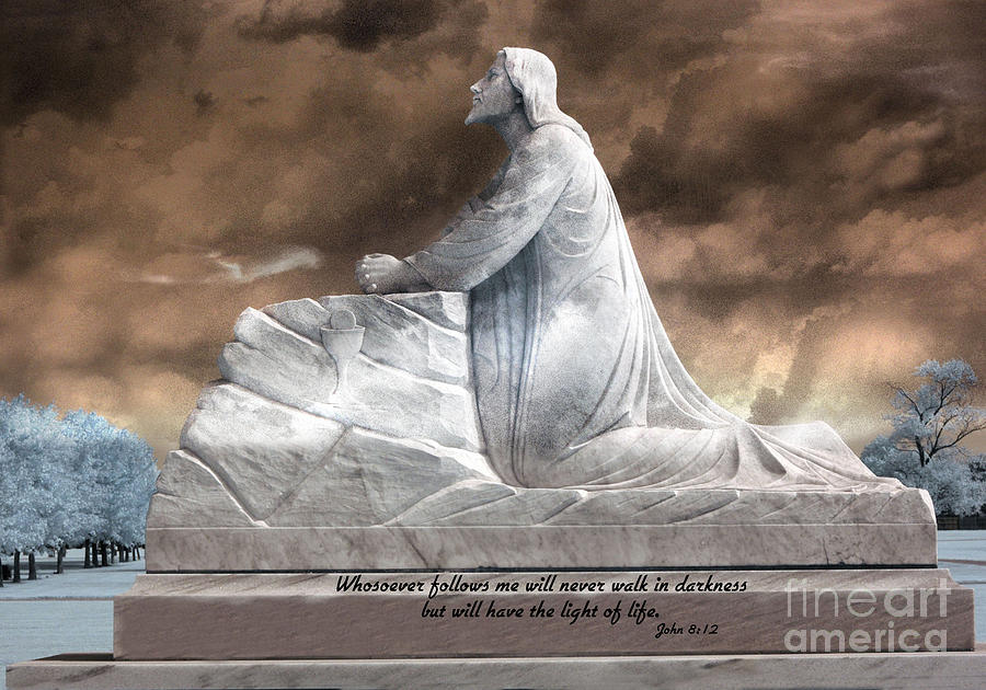 Jesus Christian Art  - Jesus Kneeling With Bible Scripture Quote Photograph by Kathy Fornal
