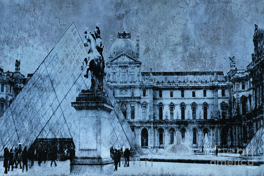 Paris Louvre Museum Painting Blue - Musee du Louvre Pyramid Digital Art by Kathy Fornal