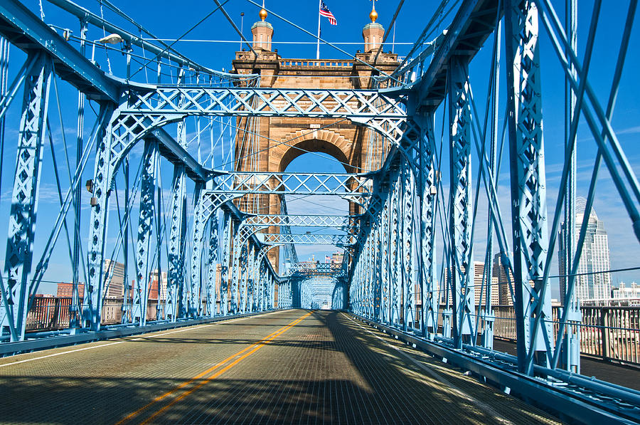 Blue Sky Bridge Photograph - Suspension Bridge cincinnati by Randall Branham by Randall Branham