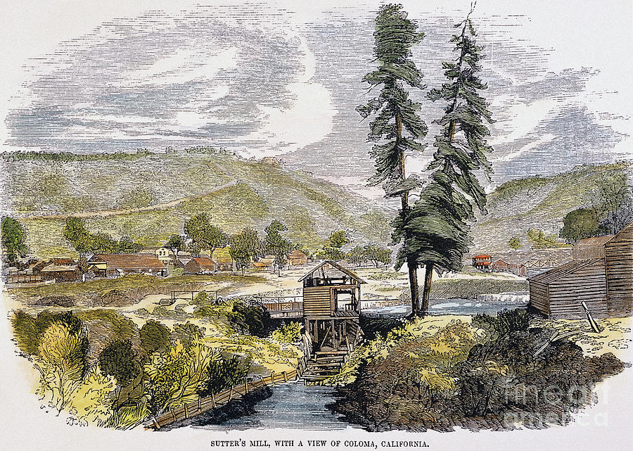 SUTTERS MILL, 1848. /nJohn A. Sutters sawmill at Coloma, California, where James W. Marshall discovered gold on 24 January 1848. Contemporary color engraving Photograph by Granger