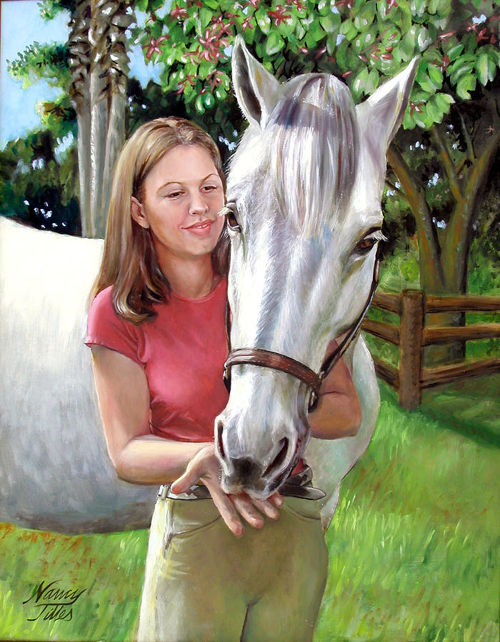 Suzanne with a White Horse Painting by Nancy Tilles