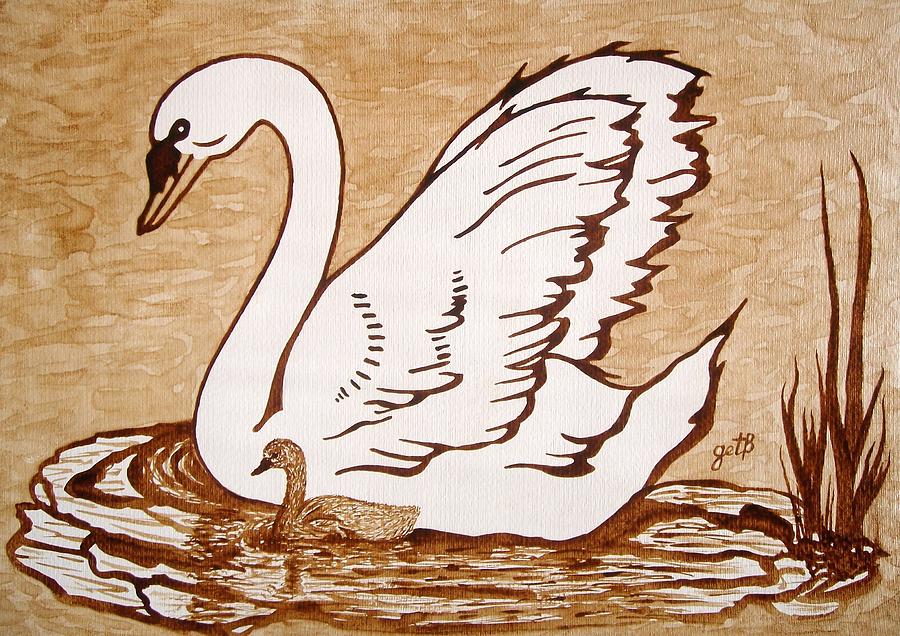 Swan with chick original coffee painting Painting by Georgeta  Blanaru