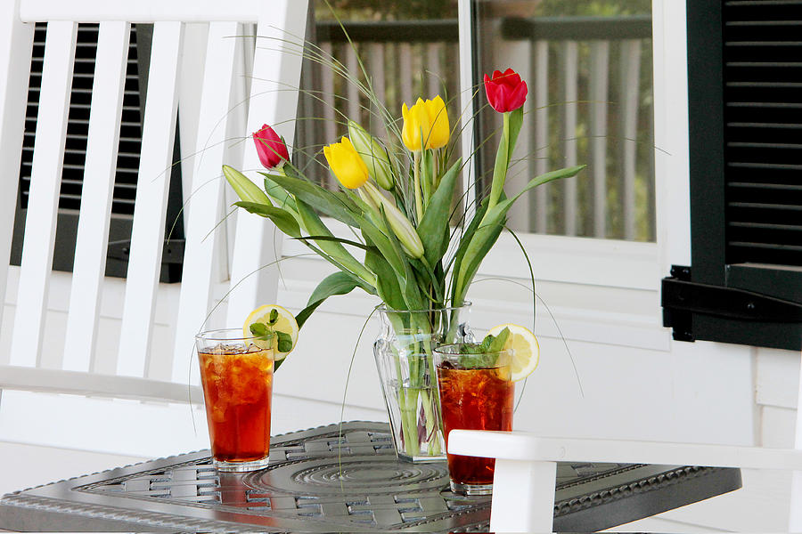Sweet tea and tulips Photograph by Toni Hopper