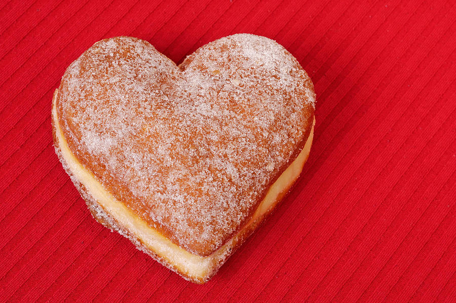 Donut Photograph - Sweet Valentine Love - heart-shaped jam-filled donut by Matthias Hauser