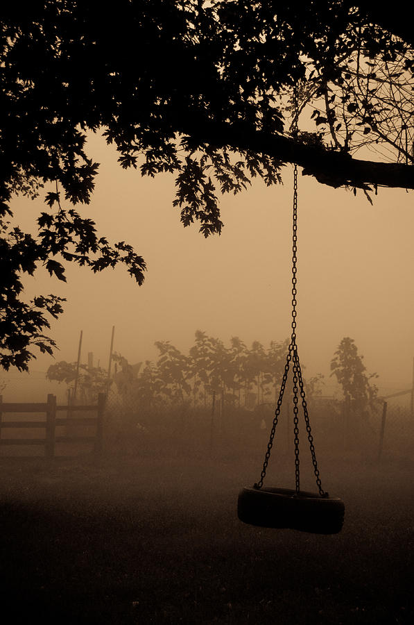 Swing in the fog Photograph by Cheryl Baxter