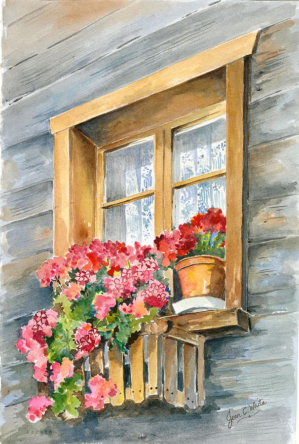Flower Painting - Swiss Window by Jean Walker White