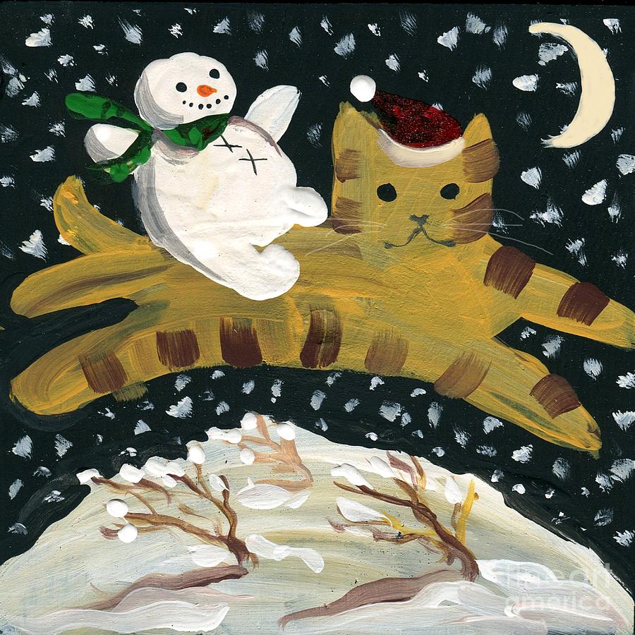 Winter Painting - Tabby Kitty and Snow Baby by Follow Themoonart