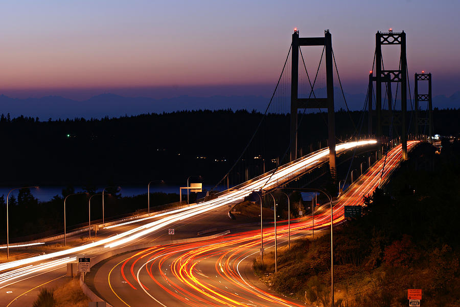 Tacoma Narrows Bridges Flowing Light  Photograph by Rob Green